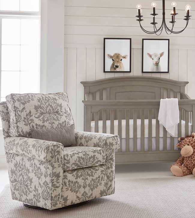 The 1st Chair introduces a Farmhouse Mod style for the nursery. The Skylar is anything but “down on the farm.” Seen here in Platinum Thistle the glider is just one of the 1st Chair’s new styles being introduced at ABC Kids Show. 