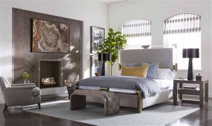 The 9529 Niagara King Bed, the 9015 Bish Bash Bench, the 9100E Homer Side Table and the 9071 Geddes Chair.