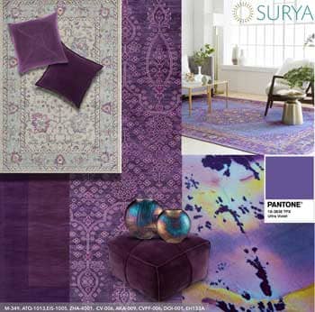 Featured as a primary and accent color in many Surya products, the newly announced Color of the Year is deemed a “dramatically provocative and thoughtful purple shade” that “communicates originality, ingenuity and visionary thinking.”