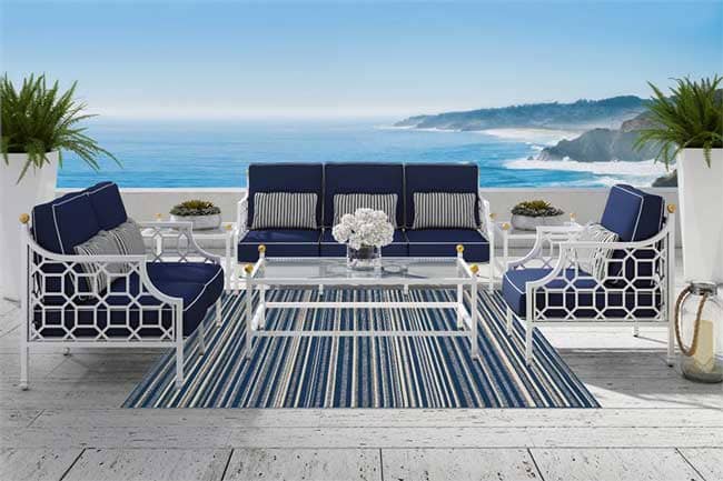 The Barclay Butera Newport Collection has a coastal-chic look featuring bold stripes, nautical, and modern abstract rug designs. 