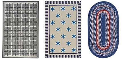 From The Anthony Baratta Collection (Left To Right): Hand Tufted Square Trellis In Grey, Indoor/Outdoor Loop Pile Compass Quilt In Beige And Braided Out East In Colonial 