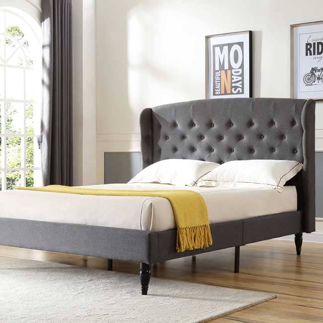 Pictured above is the Decoro Brighton upholstered bed with an upholstered platform frame with wooden slats that coordinates with the upholstered headboards for a finished look.
