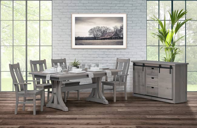 The new Hartland Dining Collection is crafted of smooth barnwood and features the trendy Pewter finish.