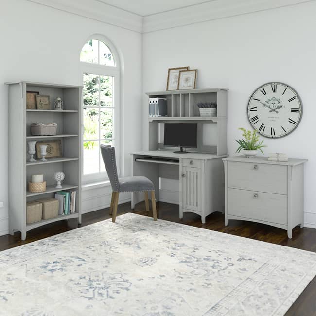 Salinas – a casual collection of home office, living room and entryway furniture – will feature a new Cape Cod Gray finish at Summer Market. The Mission Desk and Hutch, Lateral File, and 5 Shelf Bookcase are pictured. 