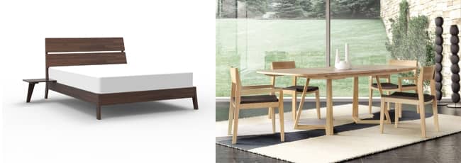 The Linn Bedroom collection (left) uses reclaimed Walnut, while the Austin Dining Collection (right) uses Oak.