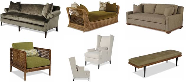 Pictured Clockwise from top left: Broderick Sofa, Journey DayBed. Jordan Sofa, Heath Chair, Valley Chair, and Rubin Bench.