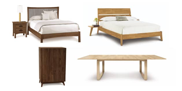 Pictured Clockwise from top left: Berkeley Bed, Linn Bed, Iso Extension Table and Catalina Bar Cabinet.