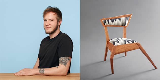 Jamie Herman and his &quot;Crook&quot; chair, made of Vermont cherry with inlaid black poplar.