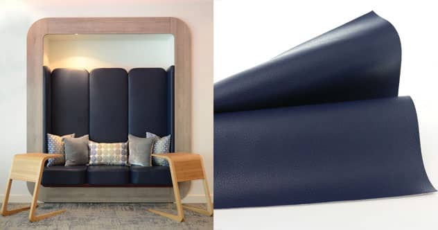 Left: Ultrafabrics Brisa upholstered on banquette at Universal Music office Pro, Right: Ultrafabrics Brisa Night Navy