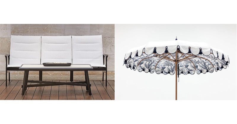 Left: The Castelle Furniture The Berkley Sling Lounge Sofa; Right: Tuuci earned the Lillian B. Winchester “Best of Show” Award for its Ocean Master M1 Voilare umbrella.