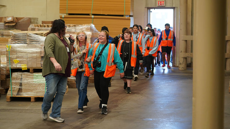 Pictured above: Students from Whitehall School District eagerly starting their tour of the advanced manufacturing facility in Arcadia, WI